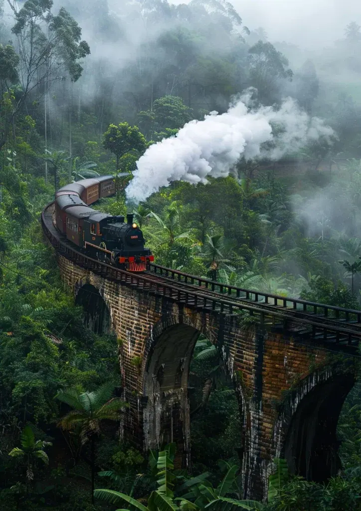 A blue train crossing a viaduct through tea country on the Kandy to Ella line