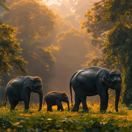 A herd of elephants moving together across Minneriya’s grass plains