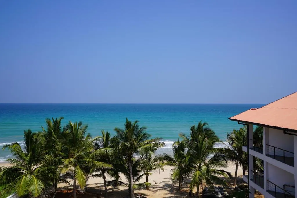 Palms and the turquoise sea seen from the Cardamon Hotel at Nilaveli beach