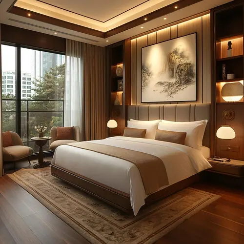 A hotel bedroom with the bed turned down and lamps lit