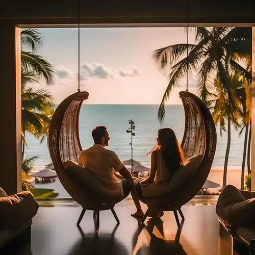 Palm trees leaning over a quiet stretch of Sri Lankan coastline