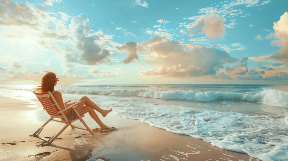 A woman relaxing in a deck chair at the edge of the surf as waves roll onto the sand