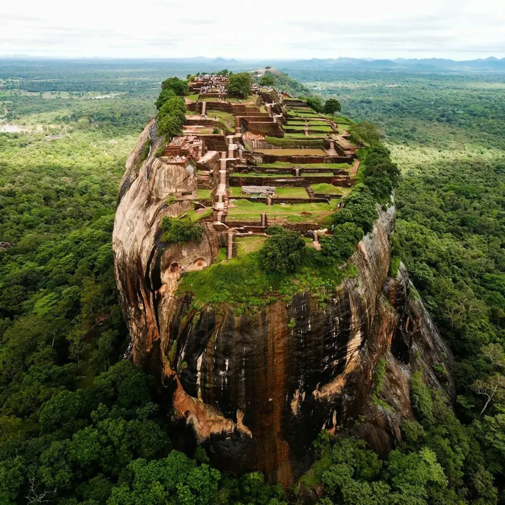 Sigiriya rock fortress rising above surrounding jungle in warm morning light