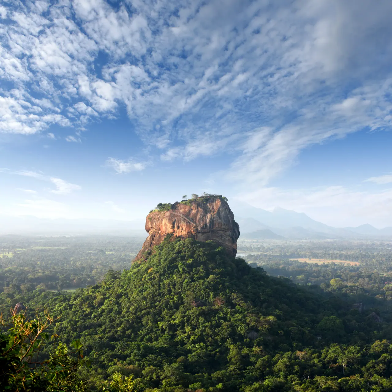 Sigiriya rock fortress rising from dense jungle under a wide blue sky