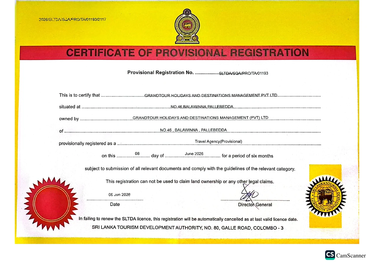 Certificate of Provisional Registration from the Sri Lanka Tourism Development Authority, number SLTDA/SQA/PRO/TA/01193, registering GrandTour Holidays and Destinations Management (Pvt) Ltd as a travel agency on 8 June 2026