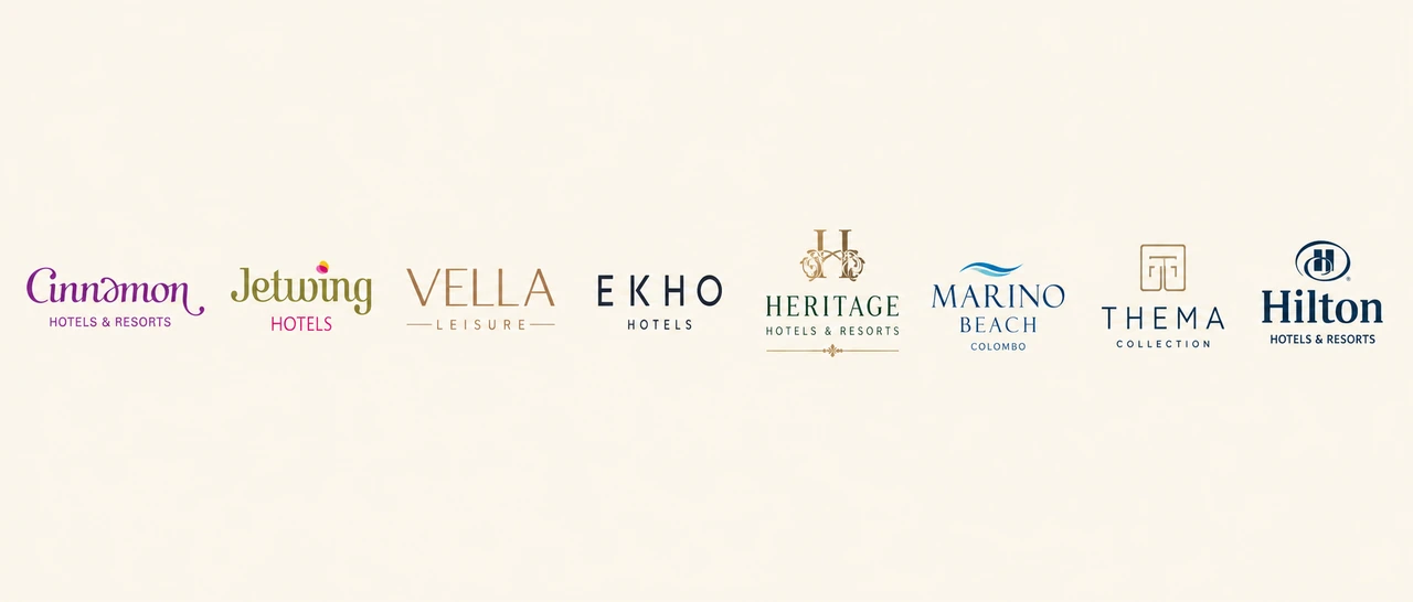 Logos of hotel partners: Cinnamon, Jetwing, Vella Leisure, EKHO, Heritage, Marino Beach Colombo, Thema Collection and Hilton